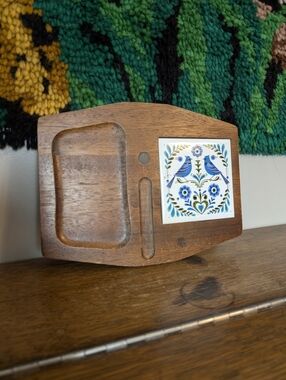 Vintage MCM Made in Japan Wood Charcuterie Board Cheese Board Snack Tray Bluejay